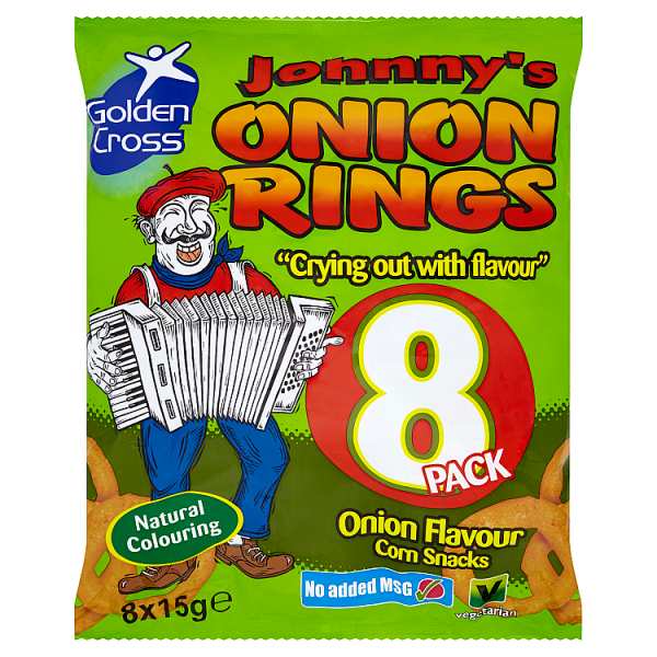 Golden Cross Johnny's Onion Rings Onion Flavour Maize Snacks 8 x 15g